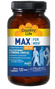 Max For Men Multiple Vitamin and Mineral Complex is a gluten free formula that supports energy metabolism and also magnesium for heart health along with saw palmetto and lycopene for prostate health..